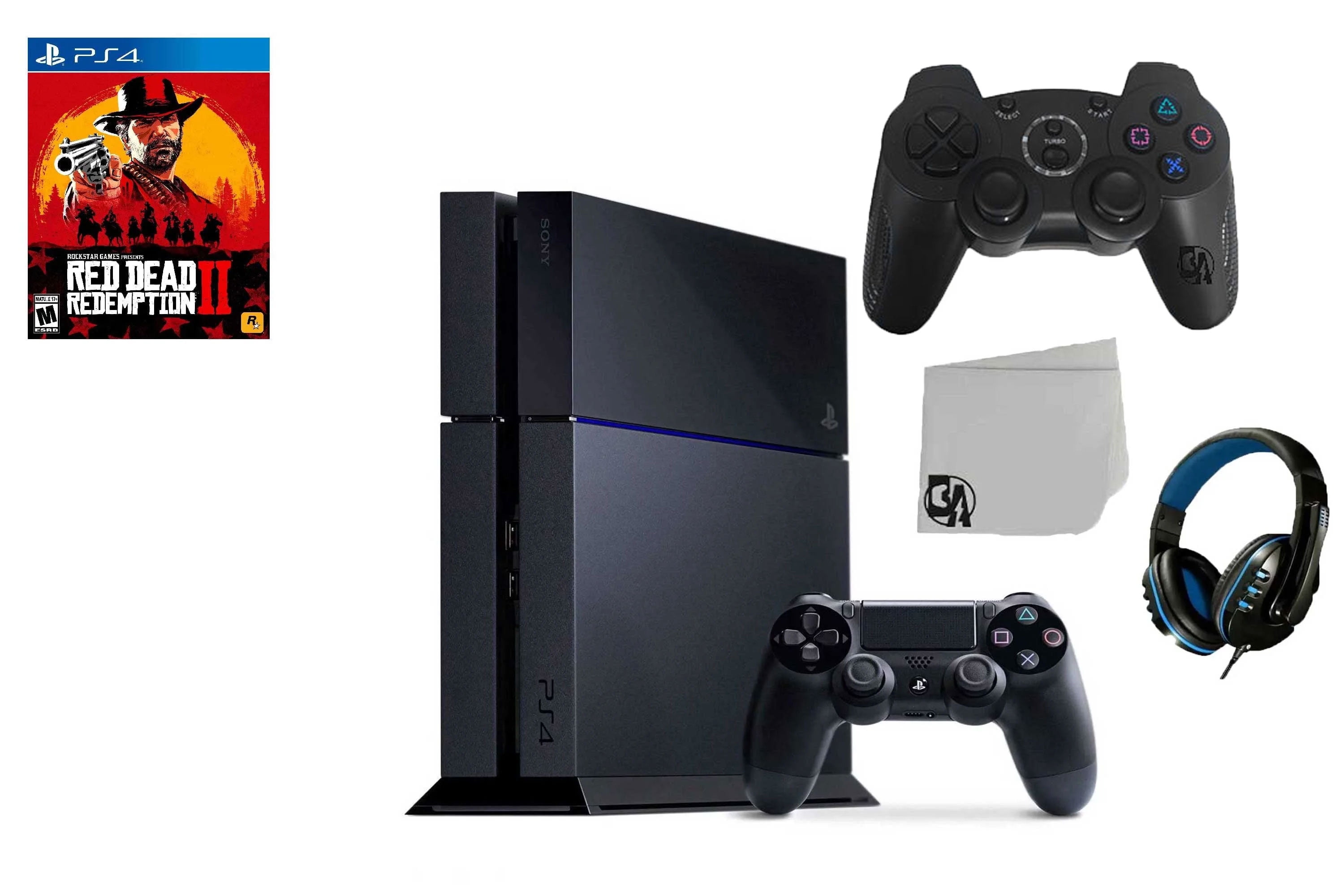 Pre Owned Sony PlayStation 4 500GB Gaming Console Black 2 Controller Included with Red Dead Redemption 2 BOLT AXTION Bundle Used
