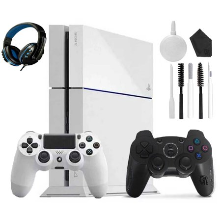 Restored Sony PlayStation 4 500GB Gaming Console White, Headset 2 Controller With Cleaning Kit (Refurbished)