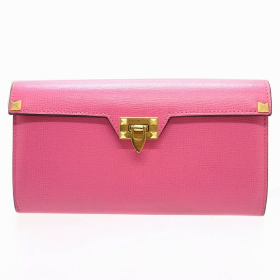 Pre-Owned Valentino Rockstud Leather Pink Red Bi-fold Long Wallet 1259VALENTINO GARAVANI (Good)