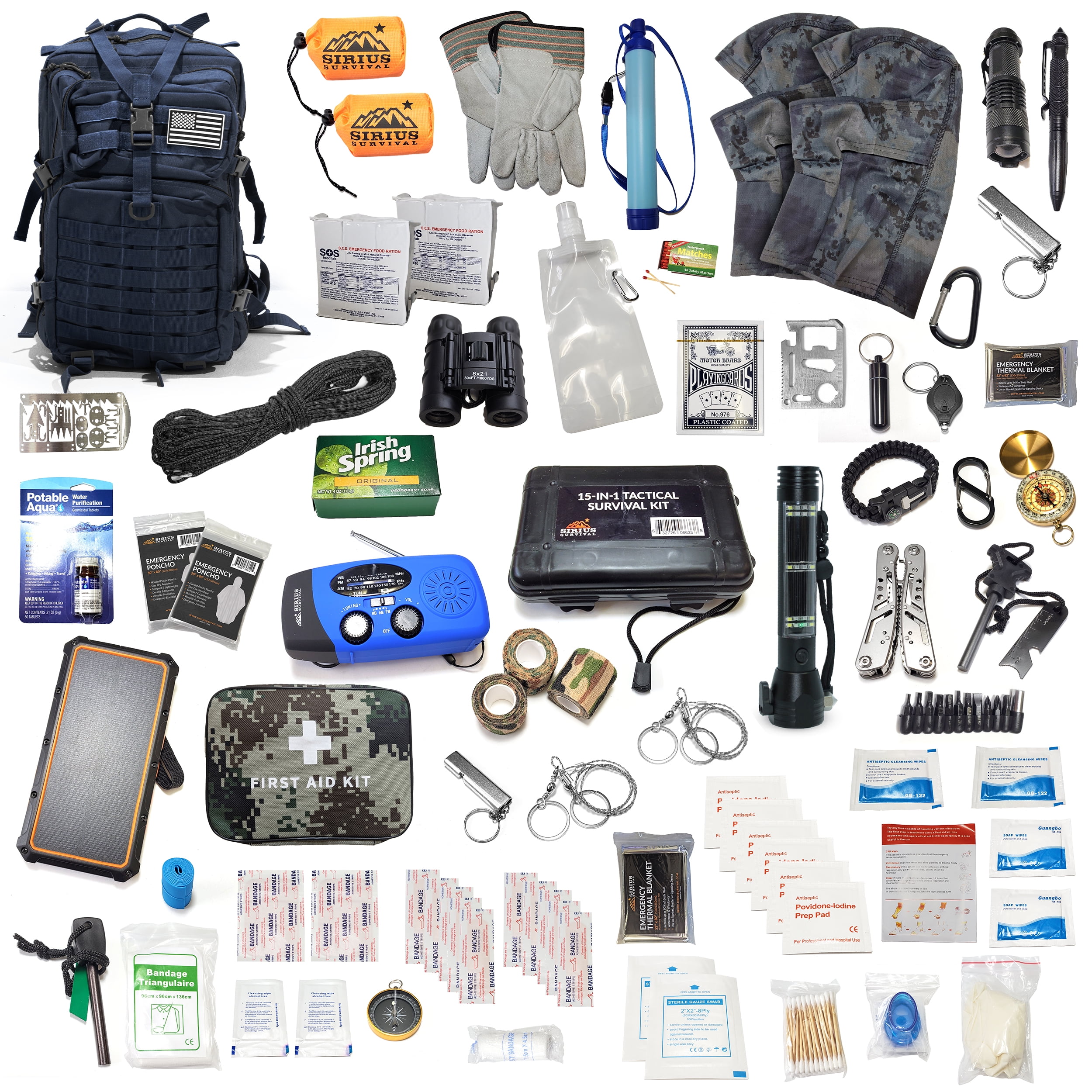 Pre-Packed Emergency Survival Kit/Bug Out Bag for 2 - Over 175 Total Pieces of Disaster Preparedness Supplies for Hurricanes, Floods, Earth Quakes & Other Disasters, Navy Blue