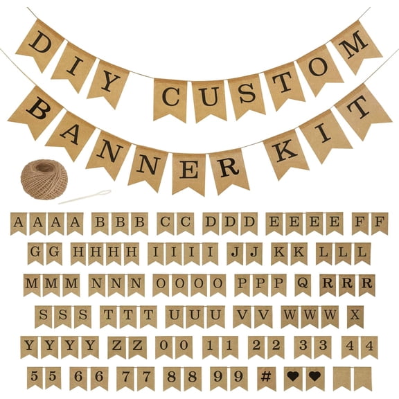 Pre-Printed Banner Kit 97 BURLAP Flags with BLACK Letters, Numbers & Symbols, Reusable DIY Custom Banner, Make Your Own Personalized Party Banner, Faux Burlap, Includes Twine & 2 Needles