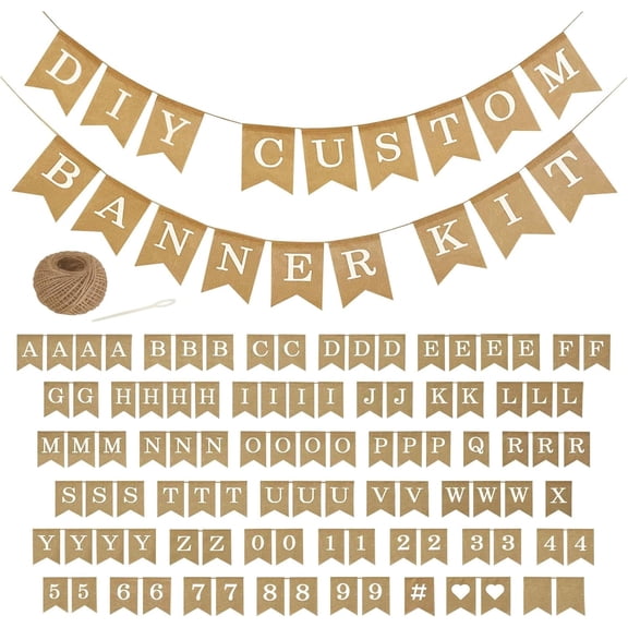 Pre-Printed Banner Kit 97 BURLAP Flags with WHITE Letters, Numbers & Symbols, Reusable DIY Custom Banner, Make Your Own Personalized Party Banner, Faux Burlap, Includes Twine & 2 Needles