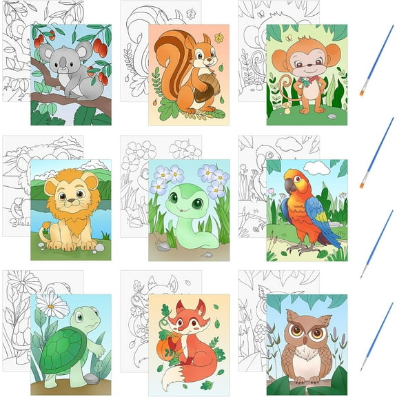 Pre Printed Canvases, 9 PCS Cute Animal Theme Canvas Painting Kits Stretched 20cmx25cm/7.97 * 9.84in Easy Painting Set for Adults with Brush for Student Adults DIY Gift