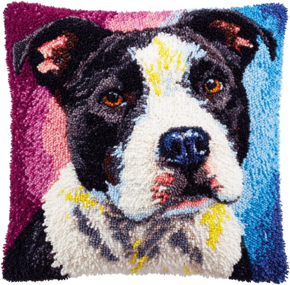 Pre-Printed Diy Embroidery Latch Hook Pillow Cover Kit,Animal Dog,43X43Cm Animal Cross Stitch Cushion Covers Kits Diy Craft Needlework Pillowcase Latch Hook Cushion Kits For Kids Adults