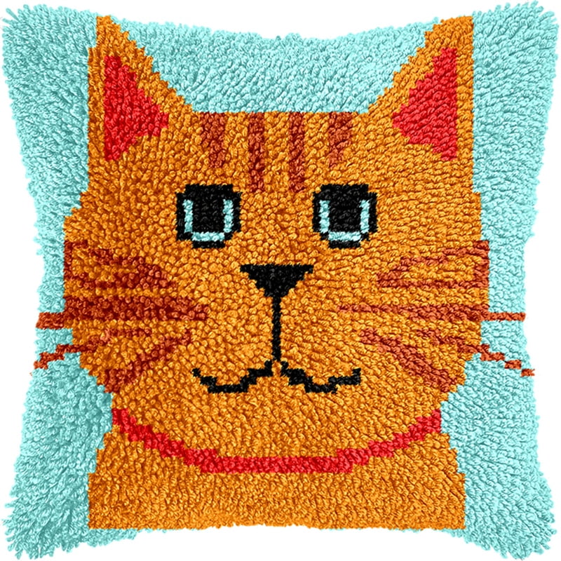 Pre-Printed Diy Embroidery Latch Hook Pillow Cover Kit,Cat,43X43Cm Animal Cross Stitch Cushion Covers Kits Diy Craft Needlework Pillowcase Latch Hook Cushion Kits For Kids Adults