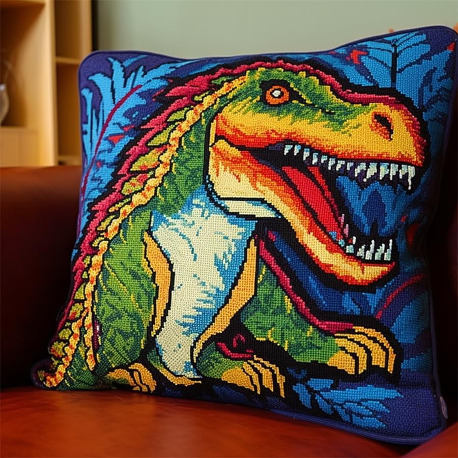Pre-Printed Diy Embroidery Latch Hook Pillow Cover Kit,Dinosaur Animal,43X43Cm Animal Cross Stitch Cushion Covers Kits Diy Craft Needlework Pillowcase Latch Hook Cushion Kits For Kids Adult