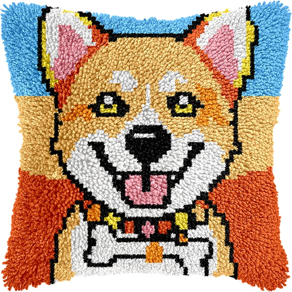 Pre-Printed Diy Embroidery Latch Hook Pillow Cover Kit,Dog And Bone,43X43Cm Animal Cross Stitch Cushion Covers Kits Diy Craft Needlework Pillowcase Latch Hook Cushion Kits For Kids Adults
