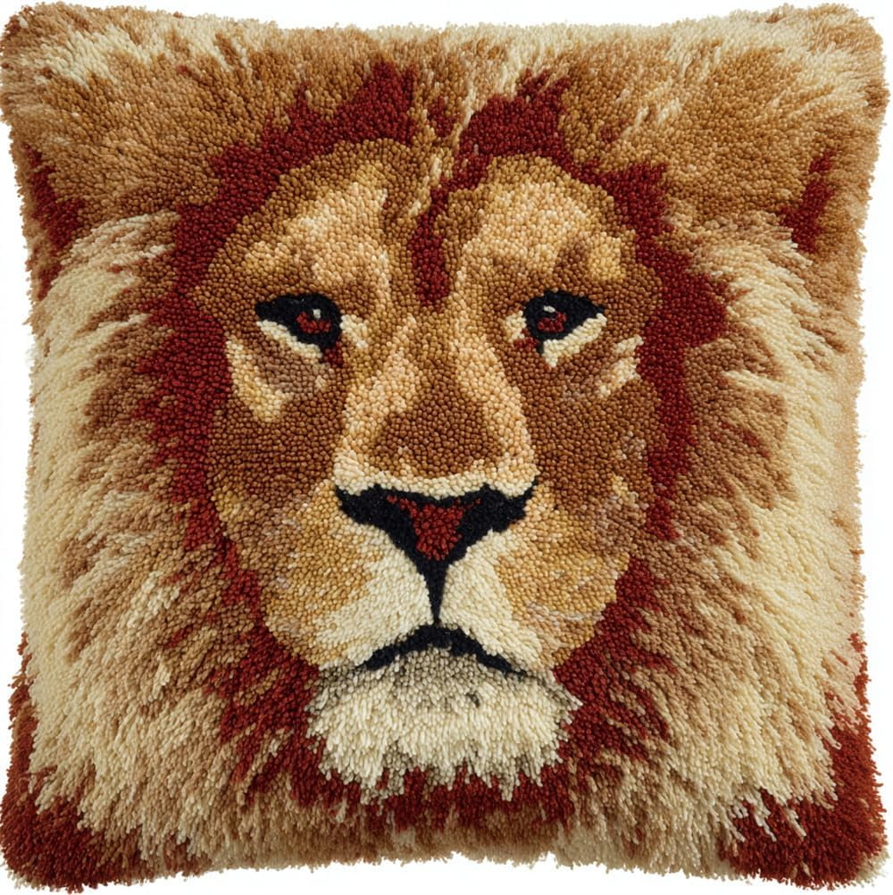 Pre-Printed Diy Embroidery Latch Hook Pillow Cover Kit,Lion,43X43Cm Animal Cross Stitch Cushion Covers Kits Diy Craft Needlework Pillowcase Latch Hook Cushion Kits For Kids Adults