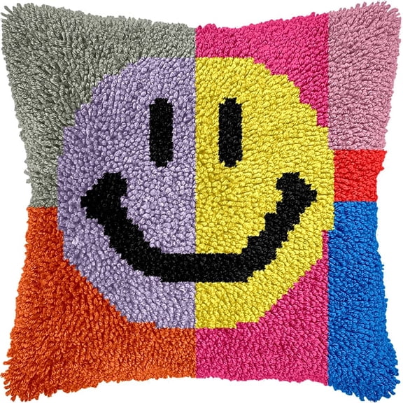 Pre-Printed Diy Embroidery Latch Hook Pillow Cover Kit,Smiley Face,43X43Cm Animal Cross Stitch Cushion Covers Kits Diy Craft Needlework Pillowcase Latch Hook Cushion Kits For Adu