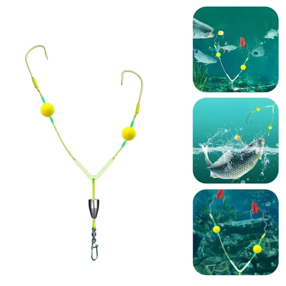 Pre-Rigged Double Hook Fishing Rig with Hooks - Tangle-Free Bottom & Float Rig for Sea Fishing & Large Fish, with Sinker & Floating Beads,Gray,Size 8