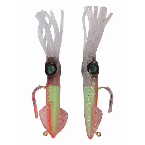 Pre-Rigged Squid Jig Fishing Lures for Sea Bass, Pike, Tuna and Offshore Species, Glow-in-the-Dark for OCTOPUS Bait with 3D Eyes, 13.5 cm, 35.5g, Pack of 2(13.5cm 35.5g A)