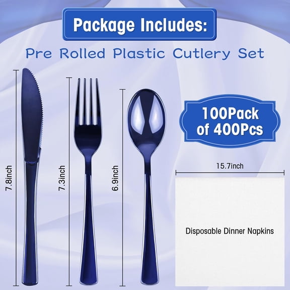 Pre-Rolled Cutlery Set with Blue Plastic Utensils and White Napkins - 100 Pieces