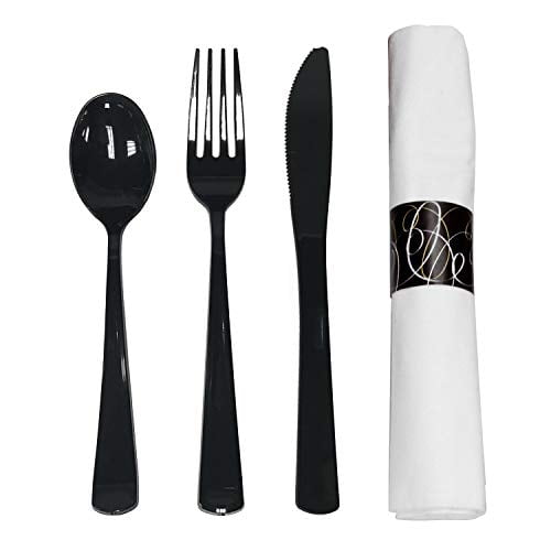 Pre-Rolled Disposable Extra Heavy Duty Plastic Cutlery Kit with Black Fork/Knife/Spoon and 3-Ply White Napkin (Case of 100 rolls)