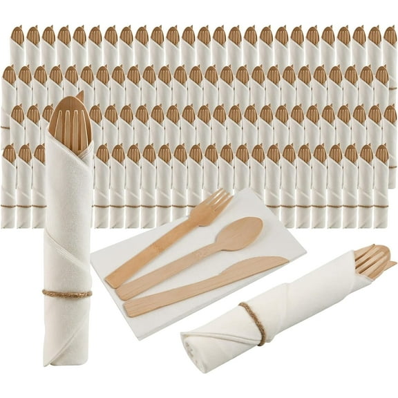 Pre Rolled Napkin and Bamboo Cutlery Set - 100Pack Bamboo Utensils/Compostable Cutlery(100 Forks, 100 Knives, 100 Spoons, 100 Napkins), Biodegradable Wrapped Cutlery for Party, Wedding, Events