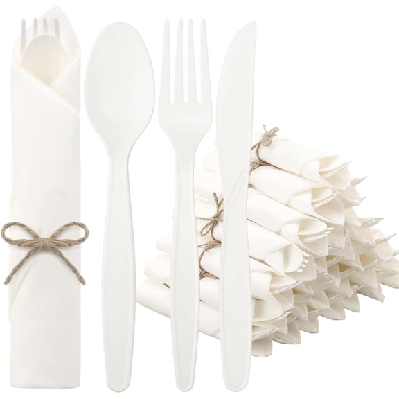 Pre Rolled Napkin Cutlery Set 100% Compostable Utensils (120pcs, 30set) 7" Large Disposable Utensils Wrapped Forks Knives Spoons Napkins Cornstarch Silverware Cutlery for Party(White)