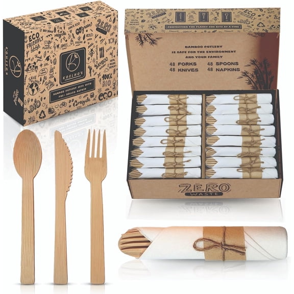Pre-Rolled Napkin and Cutlery Set 48-Pack 192 PCS | Bamboo Disposable Utensils 100% Biodegradable and Eco-Friendly | Wood Cutlery Set for Parties, Weddings, and Events