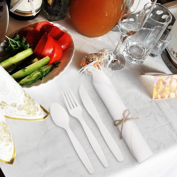 Pre Rolled Napkin Cutlery Set Compostable Utensils (200pcs, 50set) 7 Large Disposable Wrapped Forks Knives Spoons Cornstarch Silverware for Party
