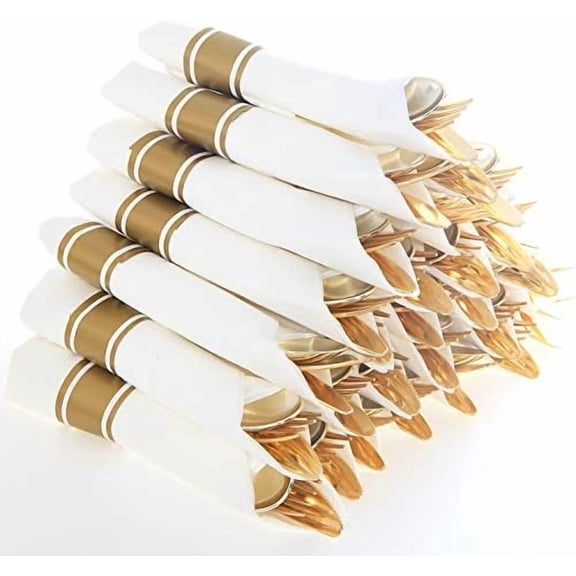 Pre Rolled Napkin with Gold Plastic Silverware Set of 30pack, Disposable Gold Silverware with Linen Napkin, Heavy Weight, Wrapped Plastic Silverware Suit for Wedding, Catering Event, Party