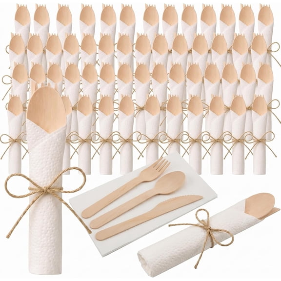 Pre Rolled Napkin and Wooden Cutlery Set, 60 Pack Individually Wrapped Wooden Cutlery 60 Forks 60 Knives 60 Spoons 60 Napkins Pre Wrapped Disposable Silverware Utensil for Party Wedding Event