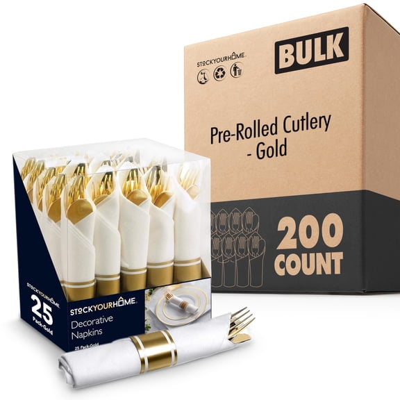 Pre Rolled Plastic Silverware Sets for Parties (200 Pack) Gold Cutlery Set, Disposable Spoons, Forks, Knives, Napkins Prewrapped, Heavy Duty Utensils Individually Wrapped for Wedding, Thanksgiving