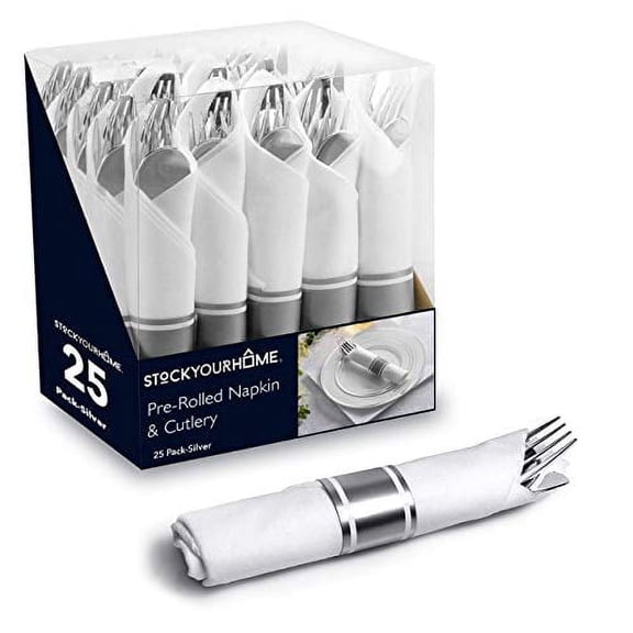 Pre Rolled Plastic Silverware Sets for Parties (25 Pack) Silver Cutlery Set, Disposable Spoons, Forks, Knives, Napkins Prewrapped, Heavy Duty Utensils Individually Wrapped for Wedding, Thanksgiving