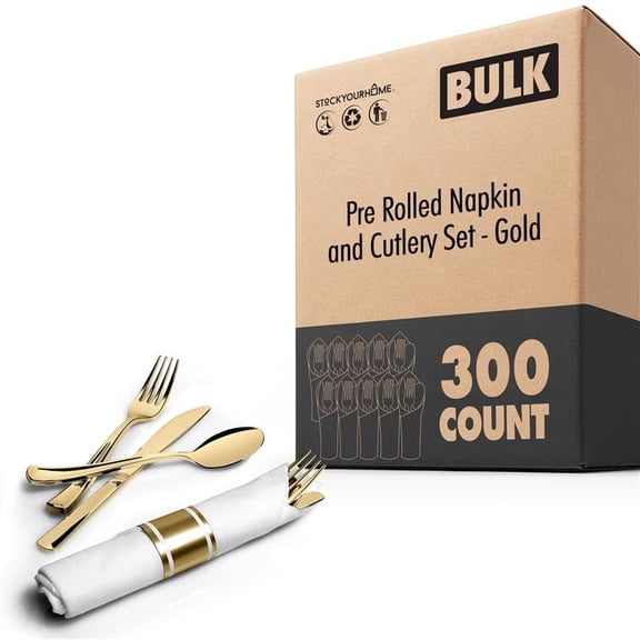 Pre Rolled Plastic Silverware Sets for Parties (300 Pack) Gold Cutlery Set, Disposable Spoons, Forks, Knives, Napkins Prewrapped, Heavy Duty Utensils Individually Wrapped for Wedding, Thanksgiving