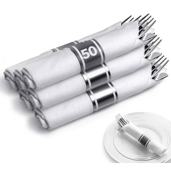 Pre Rolled Plastic Silverware Sets for Parties (50 Pack) Silver Cutlery Set, Disposable Spoons, Forks, Knives, Napkins Prewrapped, Heavy Duty Utensils Individually Wrapped for Wedding, Thanksgiving