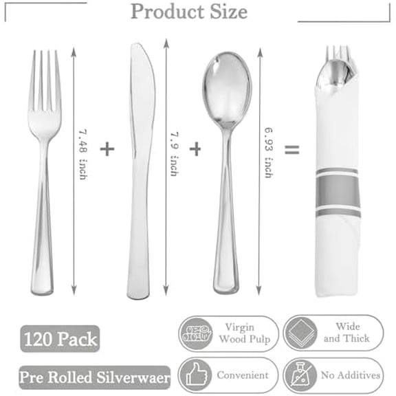 Pre Rolled Silver Plastic Silverware Set of 30 Wrapped Cutlery,Pre Rolled Napkins with Plastic Silverware Heavy Duty, Silver Disposable Forks and Spoons