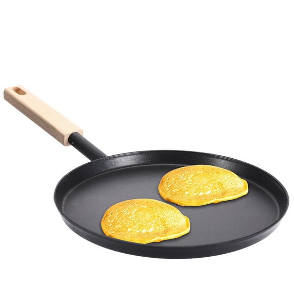 Pre-Seasoned 8-Inch Frying Pan Skillet, Lightweight Flat Griddle Pan with Wooden Handle, Portable Grill Pan for Camping, Indoor Outdoor Cooking, Black