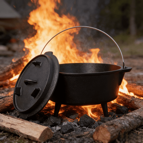 Pre Seasoned 8 Quart Cast Iron Dutch Oven with Legs and Skillet Lid Camping Cookware Outdoor Campfire Pot for Chili Stew Bread Baking Grill Grate Included for Backyard BBQ Picnic Hunting Trip