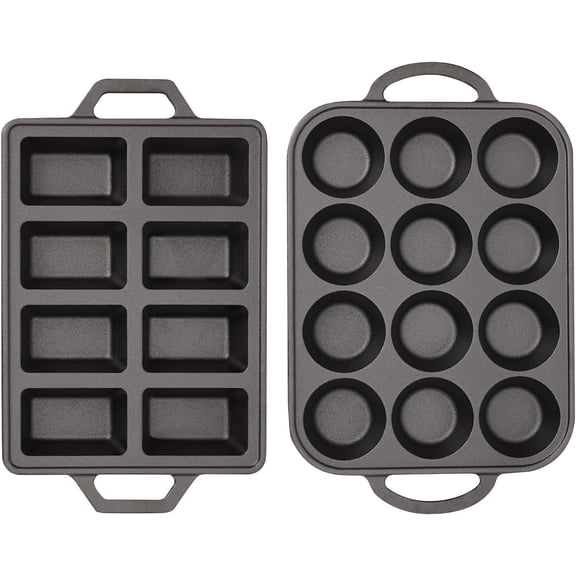 Pre-Seasoned Black Cast Iron Muffin Pan+Mini Loaf Pans Baking Set