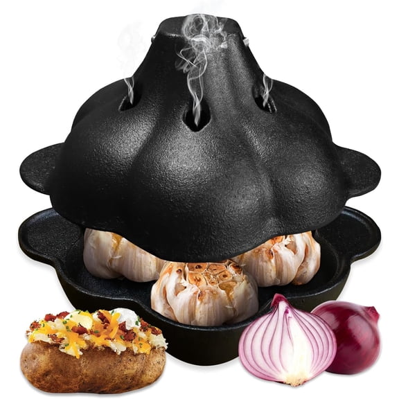 Pre-Seasoned Cast Iron Dutch Oven Pot, Potato Garlic Roaster Baker, Roasted Garlic Potatoes Cooker for Kitchen Oven or Outdoor BBQ Grill, Cast-Iron Ramekin Pot with Lid