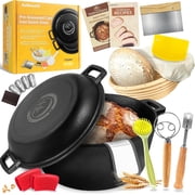 Pre-Seasoned Cast Iron Dutch Oven Pot with Skillet Lid, 5 Qt Bread Dutch Oven Includes Proofing Basket Sourdough Starter Kit for Bread Baking, Camping, Frying a