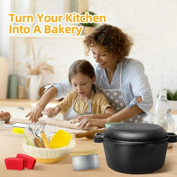 Pre-Seasoned Cast Iron Dutch Oven Pot with Skillet Lid, 5 Qt Bread Baking Kit