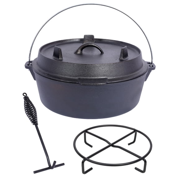 Pre-Seasoned Cast Iron Dutch Oven With Skillet Lid 6 Quart Heavy Duty Outdoor Cooking Pot For Camping Fireplace BBQ And Baking Includes Durable Iron Pot Rack