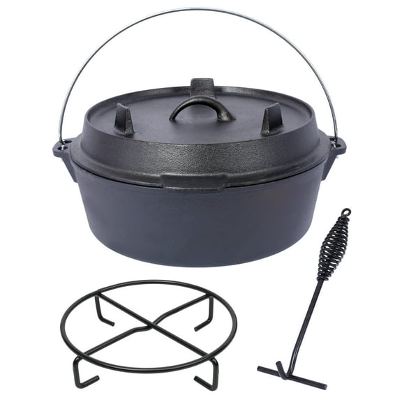 Pre-Seasoned Cast Iron Dutch Oven With Skillet Lid, Outdoor Camping Deep Pot for Camping Fireplace Cooking BBQ Baking Campfire, With Iron Pot Rack, 12 Quart