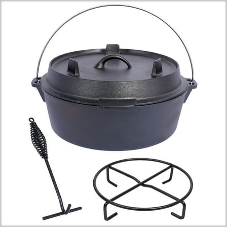 Pre-Seasoned Cast Iron Dutch Oven With Skillet Lid, Outdoor Camping Deep Pot for Camping Fireplace Cooking BBQ Baking Campfire, With Iron Pot Rack, 4.5 Quart