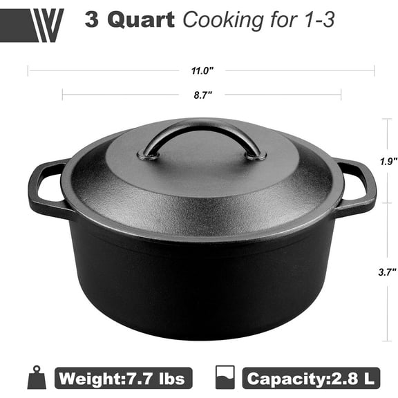 Cast Iron Dutch Oven 3 Quart, Pre-Seasoned Pot with Lid for Sourdough Bread Stews Soups, Campfire Grill Stovetop Oven Safe, Black
