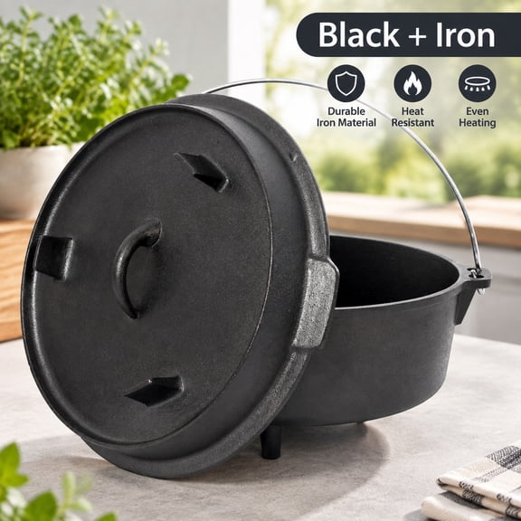Pre-Seasoned Cast Iron Dutch Oven with Skillet Lid, 4.5 Quart Deep Pot for Camping, Fireplace Cooking, BBQ, Baking, Campfire with Leg Base