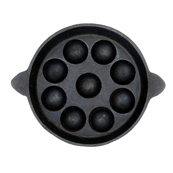 Pre-Seasoned Cast Iron Paniyaram Pan | Gas Compatible | Appam Maker/Chatty/Patra | Cookware | Non Toxic | Naturally Non-Stick | Black (Diameter:23.7 cm, 9 Cavity, 3 Kg)