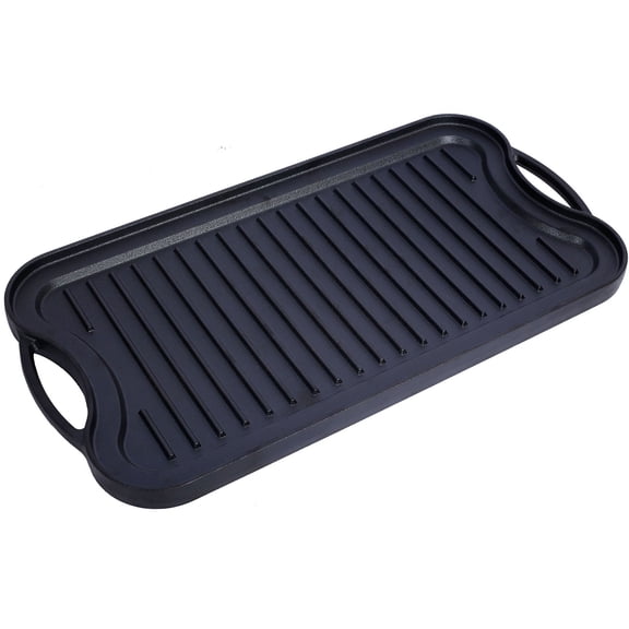 Pre-Seasoned Cast Iron Reversible Rectangular Grill/Griddle in Black, 20 Inch x 10 Inch for Versatile Cooking and Meal Preparation