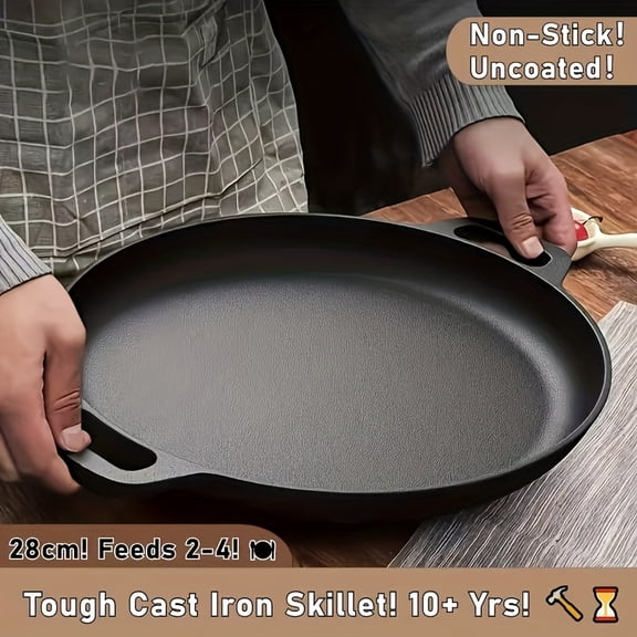 Pre-Seasoned Cast Iron Skillet 11.02" Round Grill Pan with Dual Loop Handles - Durable Even-Heating for Oven Stovetop Grill Campfire, Ideal for Pizza Lovers & Kitchen Gadget