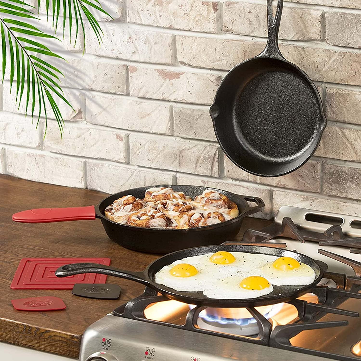 Pre-Seasoned Cast Iron Skillet Set of 3 | 6", 8" & 10" Frying Pans with Heat-Resistant Holders - Oven, Grill, Stovetop Safe Cookware