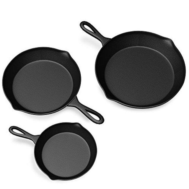 Pre Seasoned Cast Iron Skillets - 3 Pan Set - 9 inches, 8 inches, 6 inches - 1.5 to 2 inches deep - Durable with Strong Handle - Great for both veggies and meat - image 1 of 7