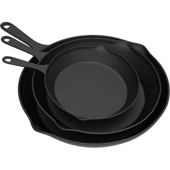 Pre Seasoned Cast Iron Skillets - 3 Pan Set - 9 inches, 8 inches, 6 inches - 1.5 to 2 inches deep - Durable with Strong Handle - Great for both veggies and meat