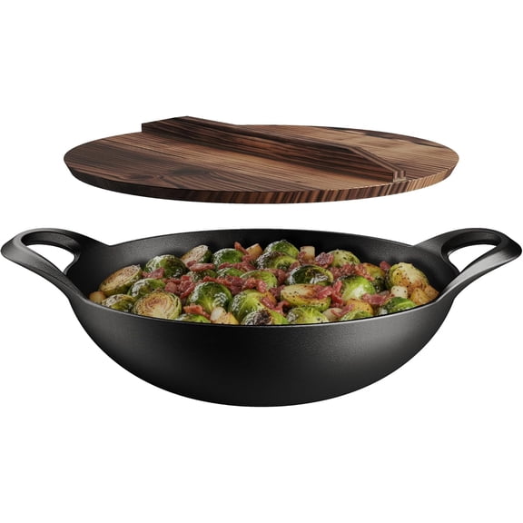 Pre-Seasoned Cast Iron Wok with Wooden Lid 14 Stir Fry Pan for Gas Electric Induction & Open Fire Heavy-Duty Flat Bottom Wok with Dual Handles for Even Heating & High-Heat Cooking 8.8 lbs