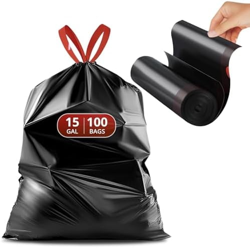 Pre-Separated Drawstring Trash Bags for 15 Gallon Trash Cans, 100 Count, Ultra Strong Black Tall Kitchen Garbage Bags, Tear-Free Large Trash Liners for Lawn & Yard
