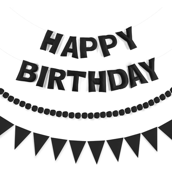 Pre-Strung 3D Happy Birthday Banner, 3 PCS Black Happy Felt Garland, Pom Pom Garland, Triangle Fabric Bunting, Reusable Black Birthday Decorations