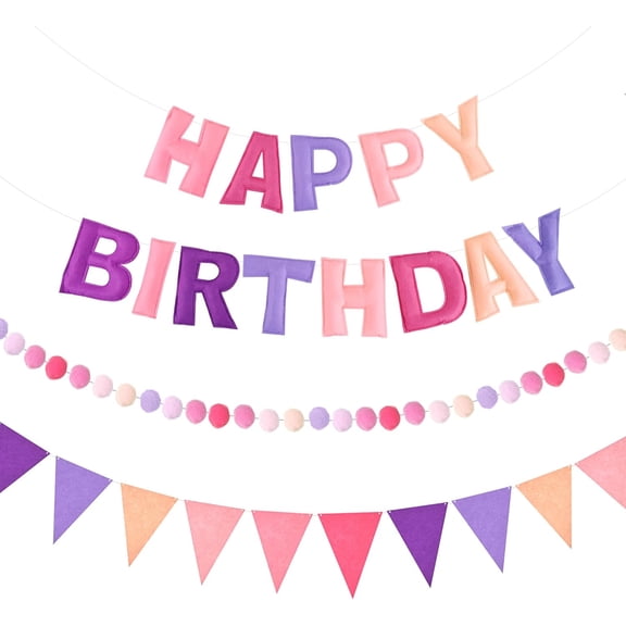 Pre-Strung 3D Happy Birthday Banner, 3 PCS Pink and Purple Happy Birthday Felt Garland, Pom Pom Garland, Triangle Fabric Bunting, Reusable Purple and Pink Decorations for Girls Women