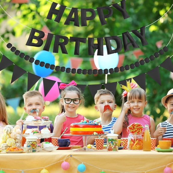 Pre-Strung 3D Happy Birthday Banner, 3 PCS White Happy Felt Garland, Pom Pom Garland, Triangle Fabric Bunting, Reusable White Birthday Decorations